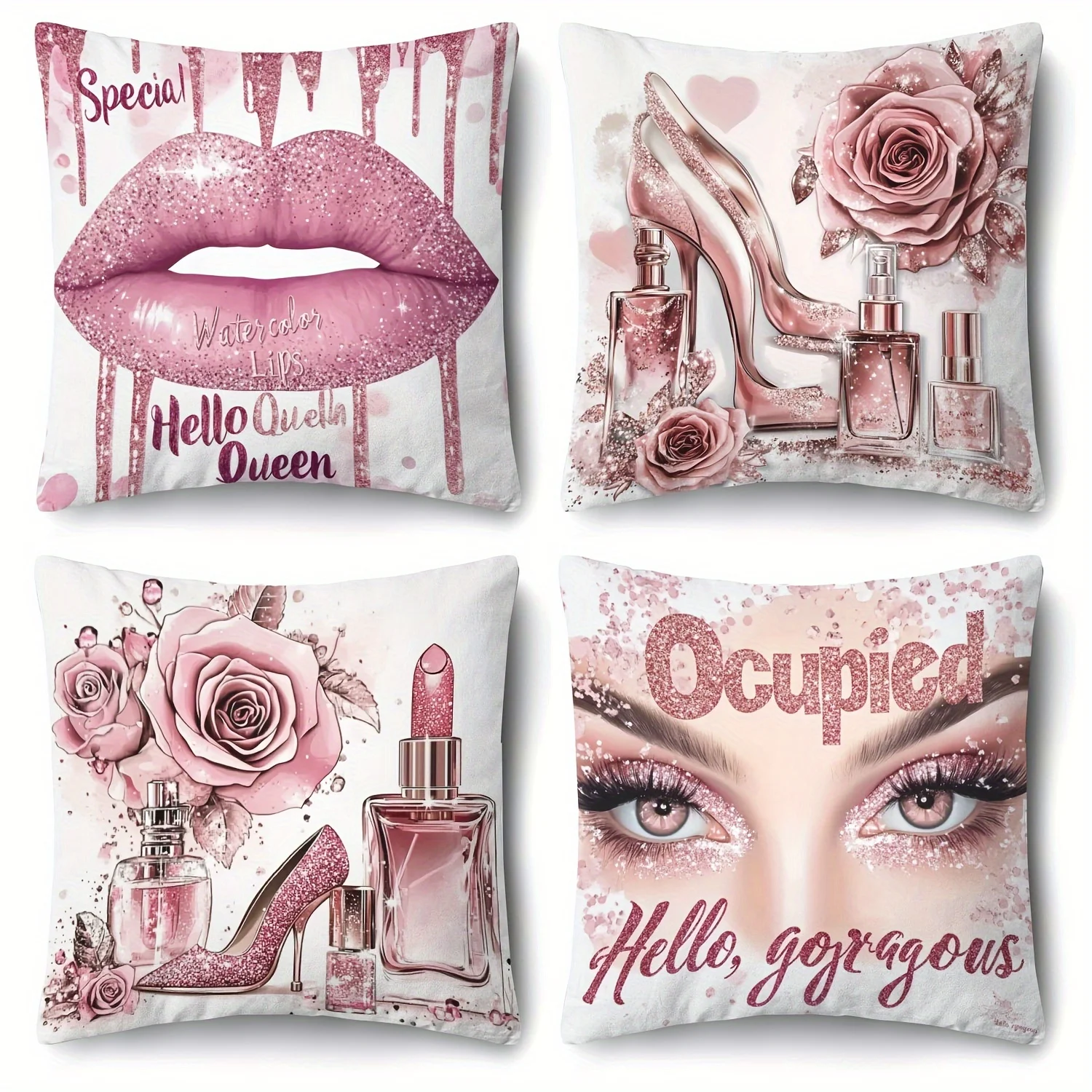 4pcs Pink Lipstick And Woman Pillowcase, Sofa Bed Car Living Room Home Decoration Room Decoration, Excluding Pillow Padding