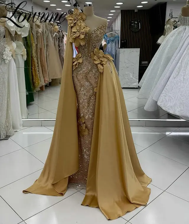 

Арабский золотой цветочный накидка на одно плечо с длинным рукавом, платья для выпускного вечера 2026, украшенные кристаллами и бисером, вечерние свадебные вечерние платья