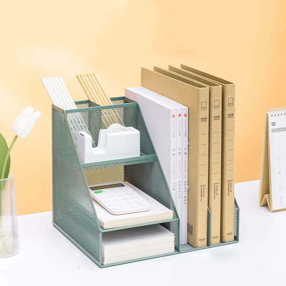 3-Tier Mesh Desk Organizer with File Trays File Holder 2 Pen Holders Office Workspace Accessories