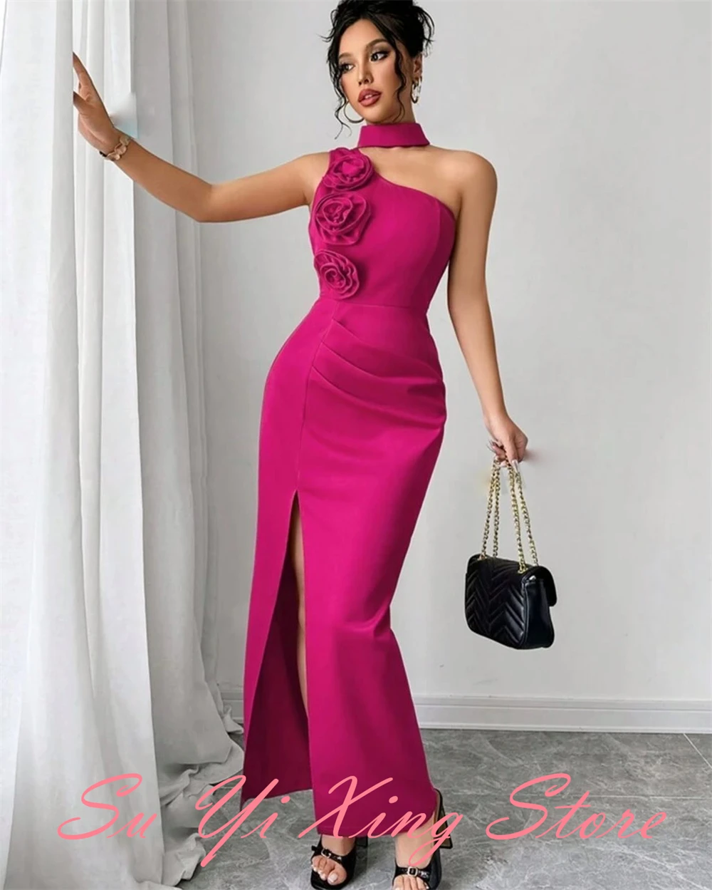 Customized  Graceful One Shoulder Evening Dress Exquisite Flowers Celebrity Gowns Fashion  Sheath Side Slit  Party Dres