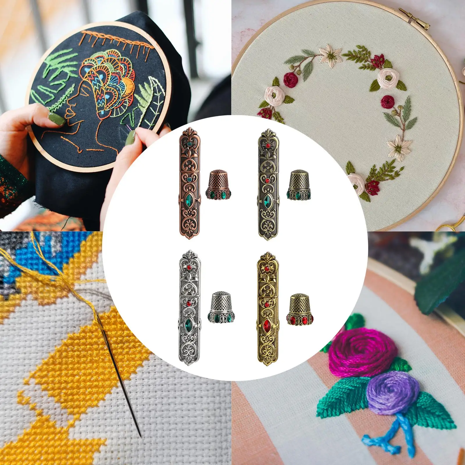 Étui à aiguilles à coudre, couture victorienne avec dé à coudre, point de croix en métal