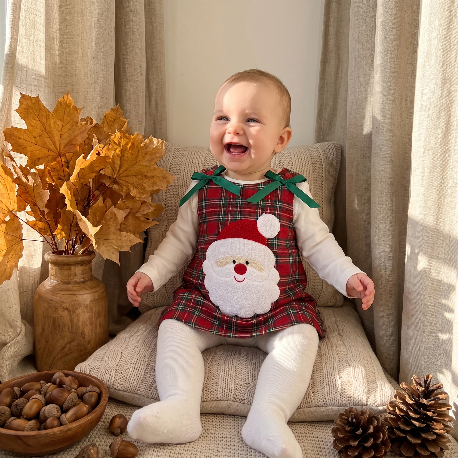 Toddler Baby Girls Christmas Dress Santa Applique Sleeveless Plaid Print A-line Xmas Party Dress