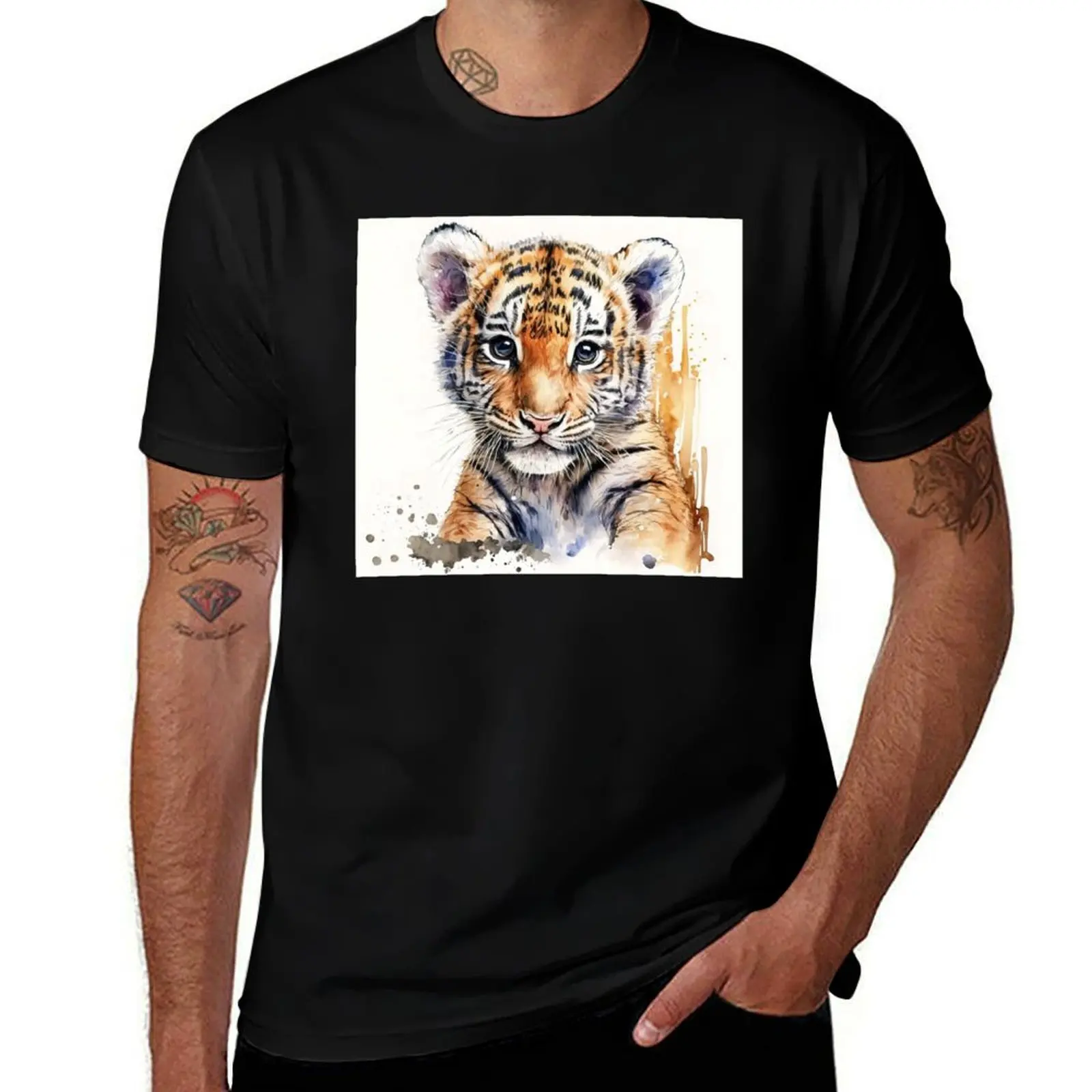 Watercolor Cute Baby Tiger Portrait, Little Tiger Cub T-Shirt Sports Casual Short Sleeve Cotton Tee T-Shirt