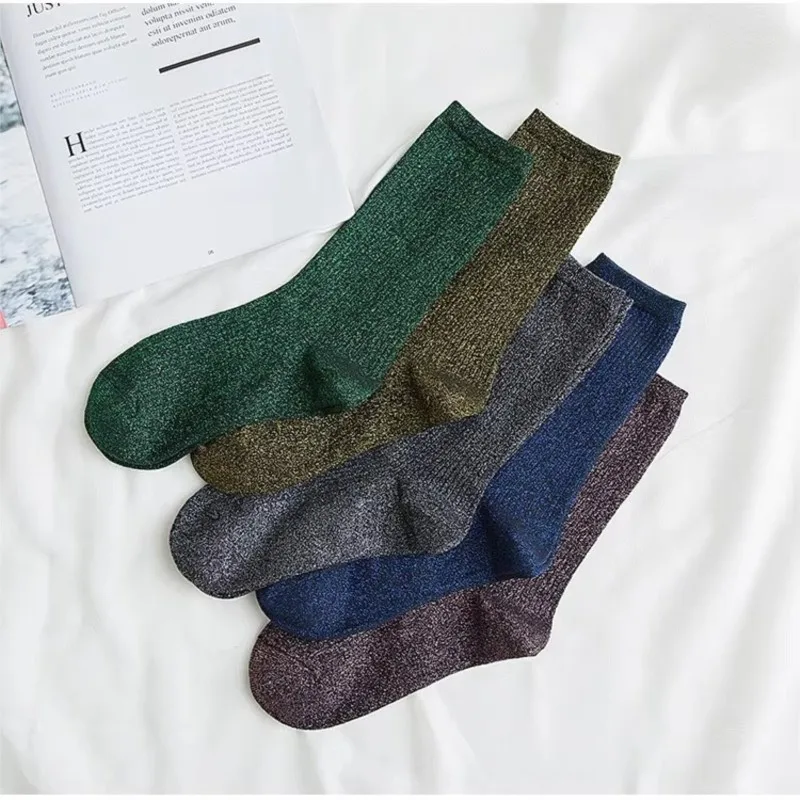 1/5 Pairs Fashion Shiny Glitter Striped Streetwear Trendy Rocks Sparkled Bright Color Women Socks Cute Kawaii Winter Warm Socks