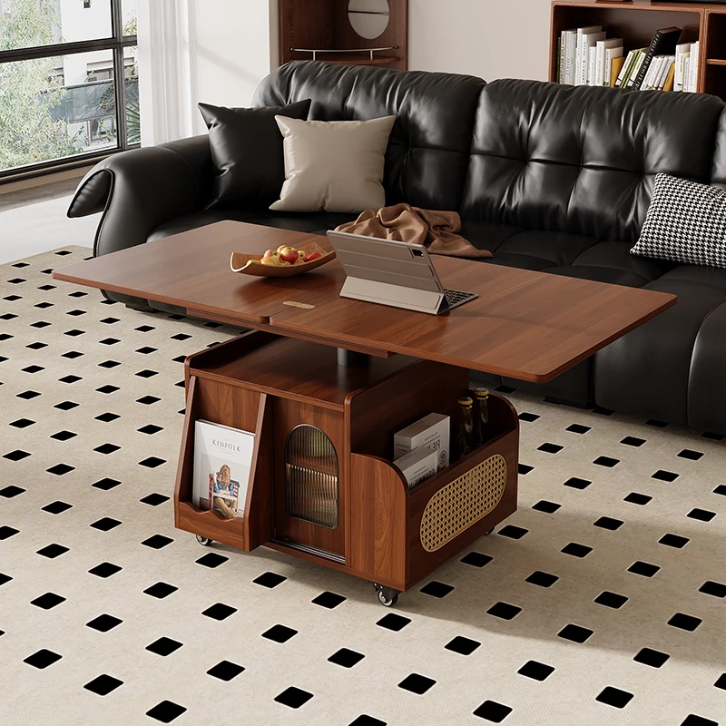 Solid wood liftable stacking small apartment mobile cart dual-purpose multi-functional sofa side table
