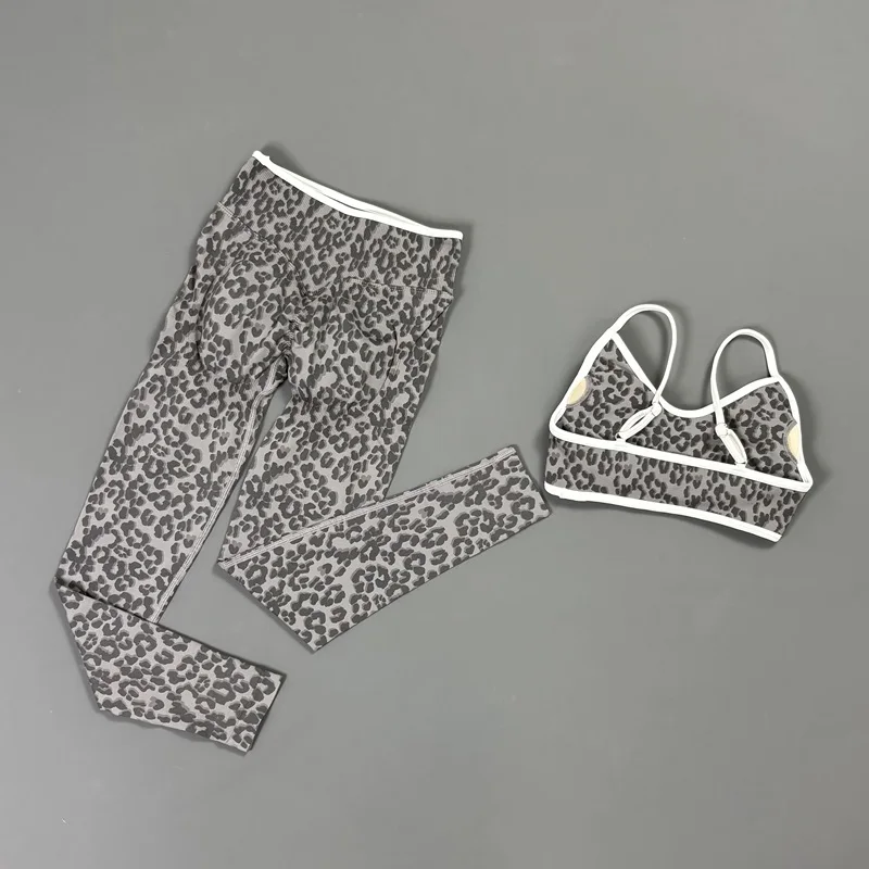 2 Pcs Fitness Sets Women Leopard Print Contrast Edge Removable Pad Bra Breathable Squat Proof Pants Suit Sports Workout Set