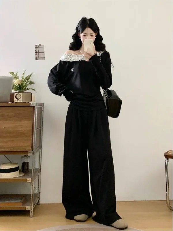 

plus Size Women's Lazy Sle Long Sve T-irt High Waist Loose Wide Leg Pants Set Floral Lace Collar Korean Sle Autumn N...