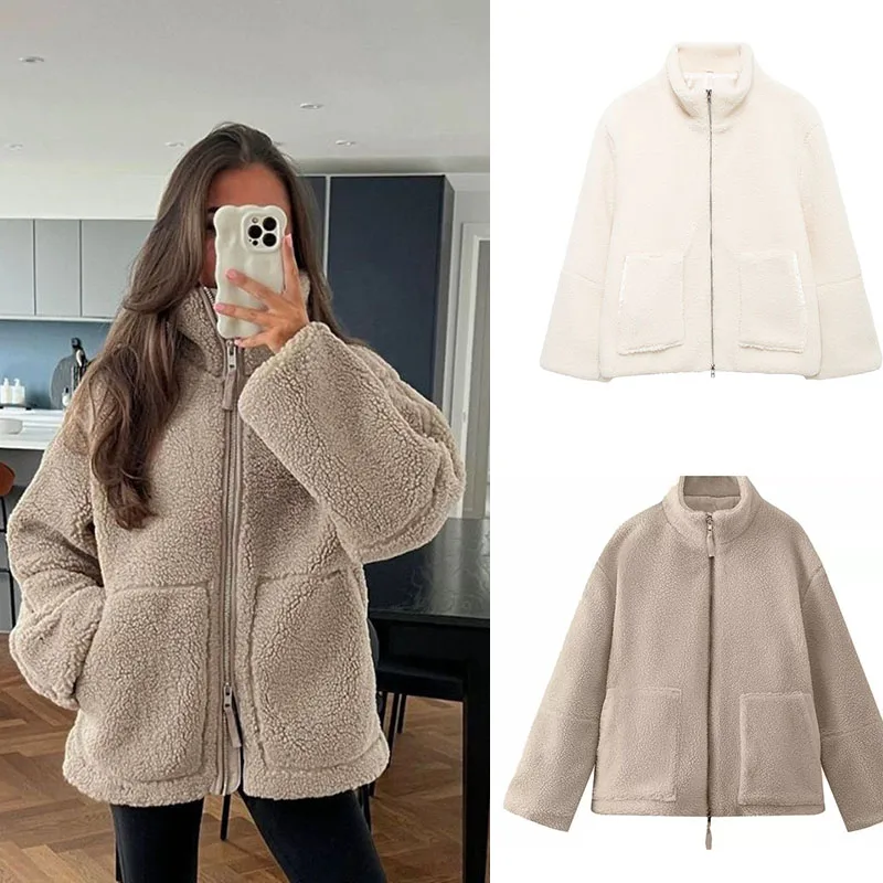 

Warm Thicken Fleece Coat Streetwear Overcoats Lamb Wool Jacket Women Winter Fashion Stand Collar Zipper Pocket Long Sleeve Tops