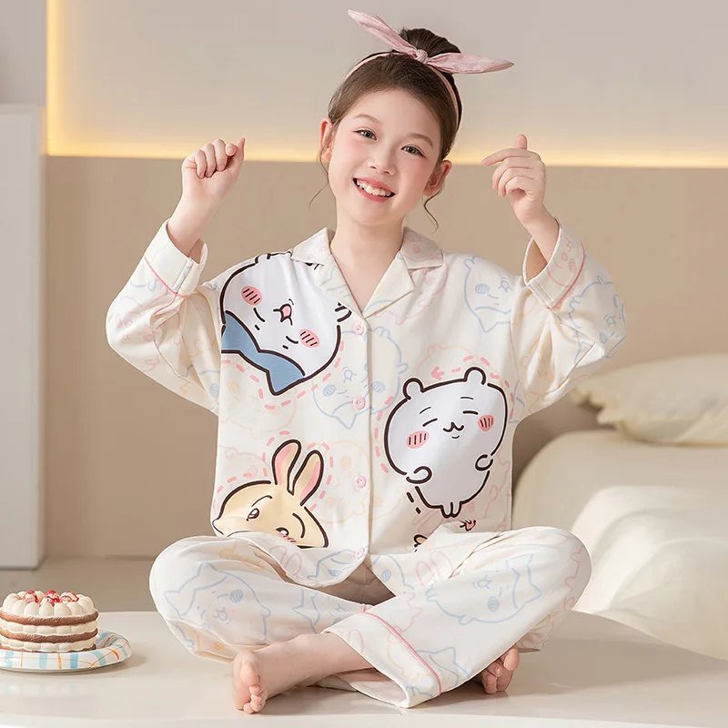 

Милые детские пижамы Chiikawa из чистого хлопка с героями мультфильмов, женские весенне-осенние брюки с длинными рукавами, удобный костюм для отдыха с лацканами