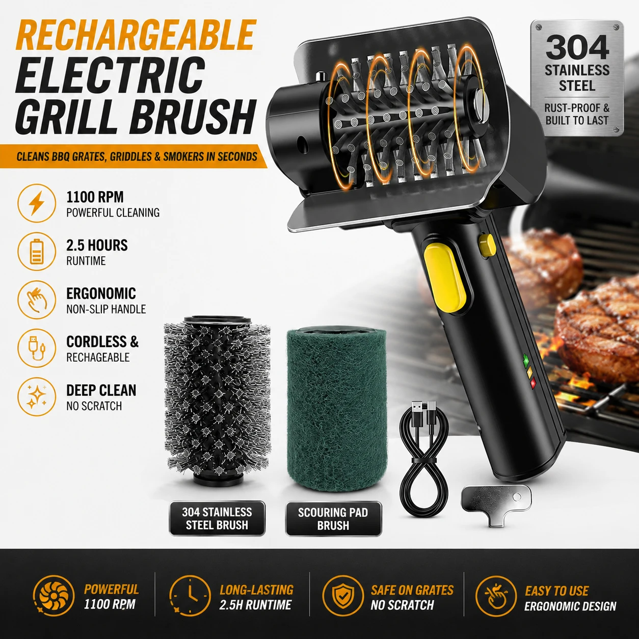 Wiederaufladbare elektrische Grillbürste, 1100 U/min, Grillreinigungswerkzeug, 3,7 V, ergonomischer, rutschfester Griff, 2000 mAh, für den Außenbereich, Grillplatten, Küche