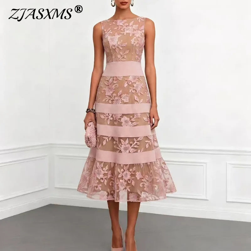 Sexy Sheer Floral Splicing Layered A-Line Dress Woman Spring O Neck High Waist Lace Party Dress Summer Sleeveless Casual Dresses
