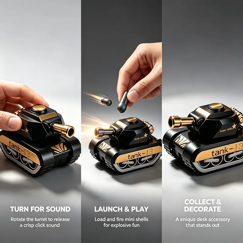 Boys Mini Metal EDC Tank Model Diecast Desktop Armored Hand Cannon Ratchet Stress Relief Toy Alloy Fidget Figurine Gift for Men