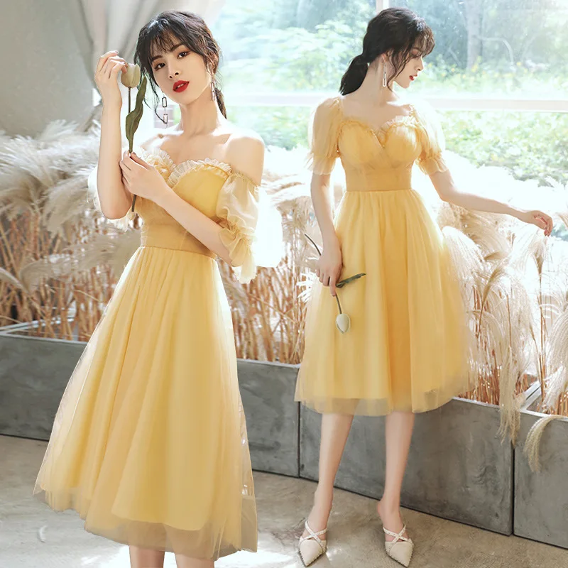 Gaun Tulle Quinceanera pendek kuning gaun Prom A-line leher V lengan pendek gaun malam Modern elegan indah