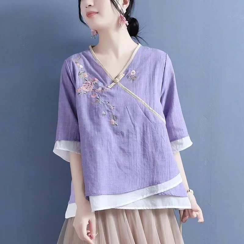 2025 New Loose China Style Retro Tops Chinese Traditional Women Clothing Shirts Tang Suit Hanfu  Ethnic Embroidery White T-shirt