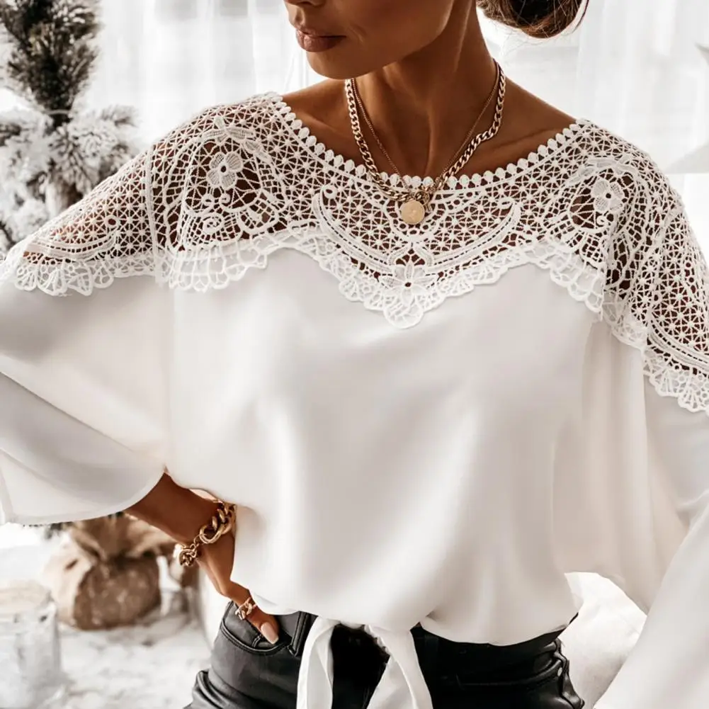 

Women Lace Top Elegant Crochet Lace Blouse with Three Quarter Sleeves Round Neck Solid Color Loose T-shirt with Lace Up Detail