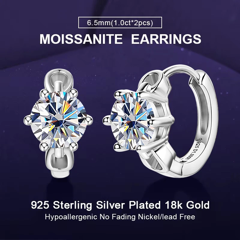 

Женские серьги-кольца IOGOU 6,5 мм 1CT D цвета с муассанитом, 100% чистое серебро 925 пробы, классические ювелирные изделия с шестью когтями и бриллиантами в лаборатории