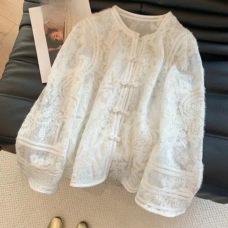 

Heavy Industry Lace Hollow Shirt Underwear for Women's Spring New Style Retro Button New Chinese Style Top