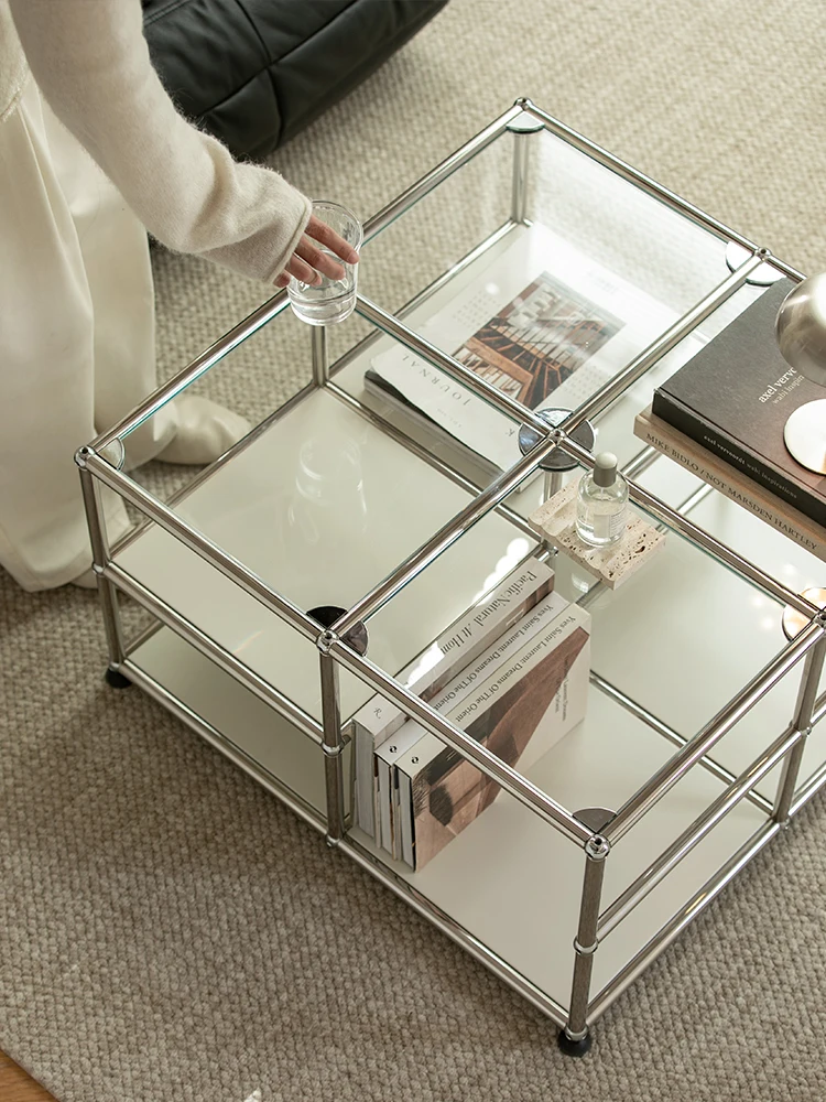 

Modular double-layer coffee table small apartment ins modern simple living room stainless steel glass coffee table