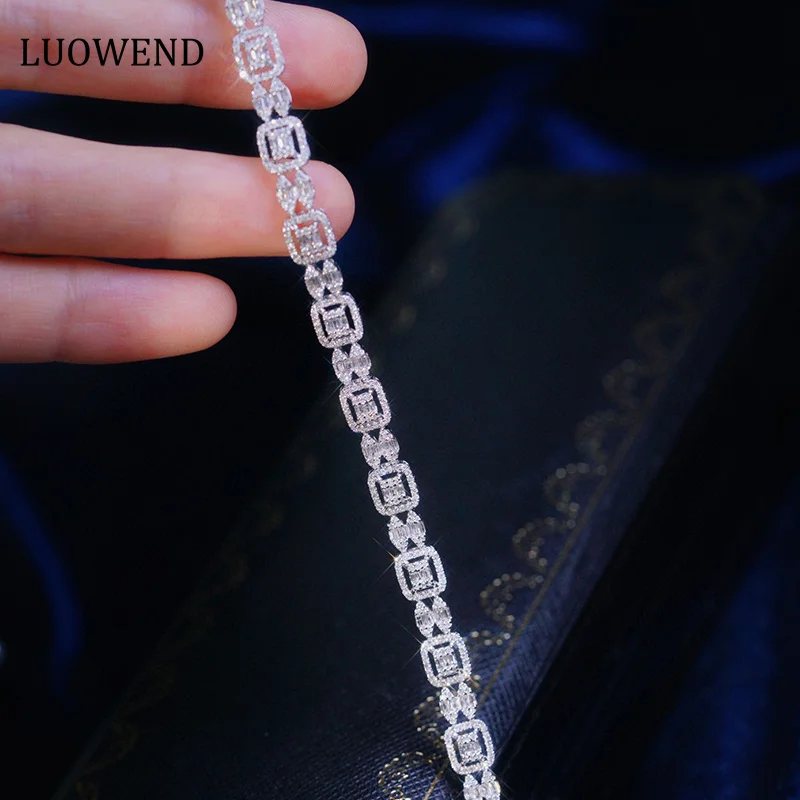 LUOWEND 100% 18K White Gold Bracelet Luxury Double Row Design 3.5carat Real Natural Diamond Bracelet for Women Wedding Jewelry