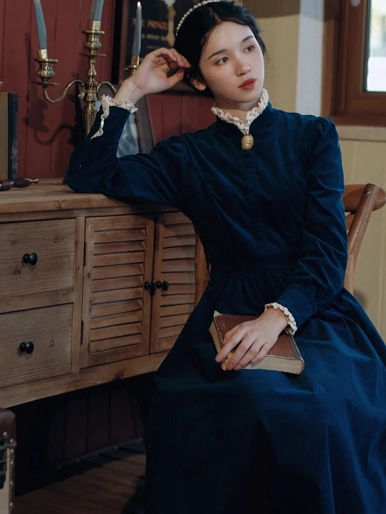 84-92 سنتيمتر تمثال نصفي خريف شتاء فساتين طويلة للنساء الفرنسية خمر أنيقة سليم المحكمة فستان الدانتيل الوقوف طوق القطن سروال قصير #2