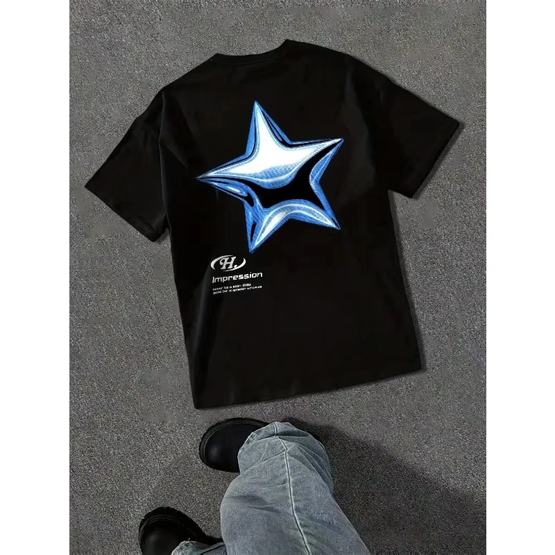 2026 New Metallic Blue Star Graphic Print on Premium Soft Cotton Men's T Shirt Perfect for Summer Urban Stree