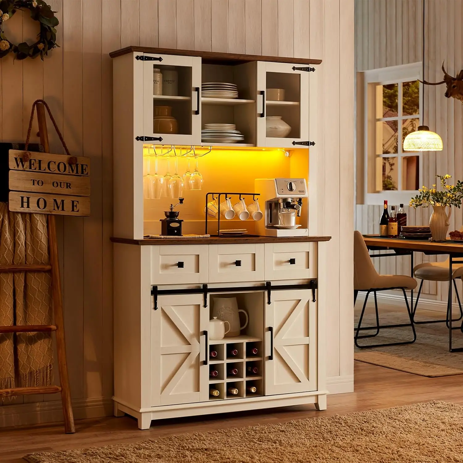 

Coffee Bar Cabinet with Sliding Barn Door, 72" Farmhouse Kitchen Sideboard, Buffet Storage Table, 3 Drawers