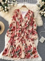 Autumn Women Floral Draped Mini Dress Bohemian Female V-Neck Puff Long Sleeve High Waist Bandage Pleated Vestido Female Robe New