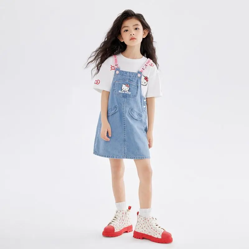 Monos de Anime Sanrios Hello Kittys para niños, pantalones cortos de mezclilla para niñas, pantalones de tirantes sueltos, traje de Jeans, ropa de moda para niños, regalo de verano