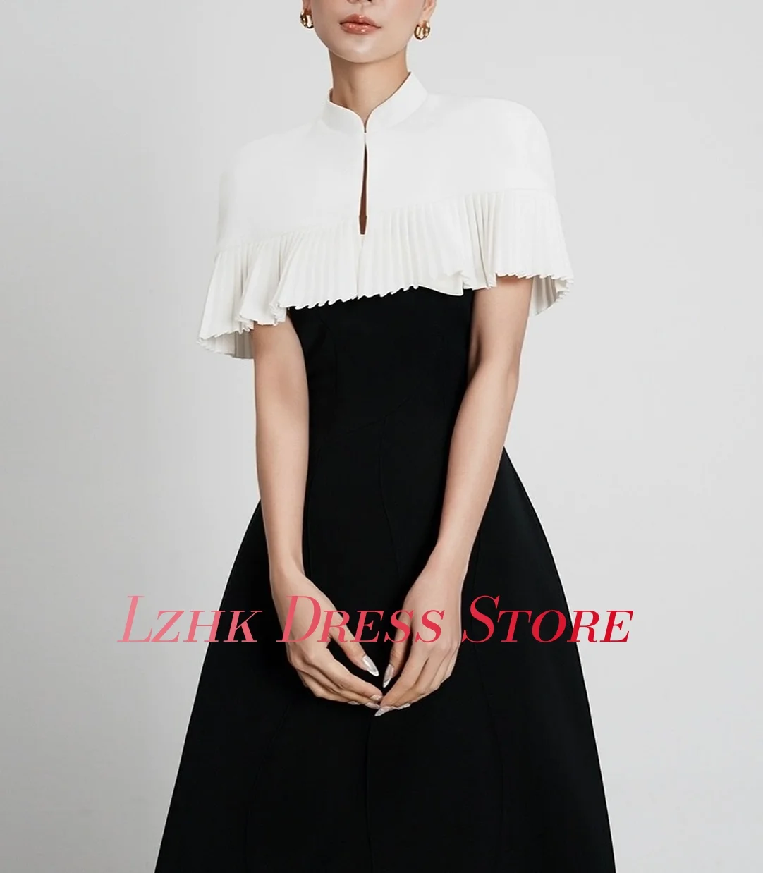 Vestido de noite linha A de camisa graciosa personalizado de alta qualidade mangas curtas gola alta comprimento de chá فستانmavera