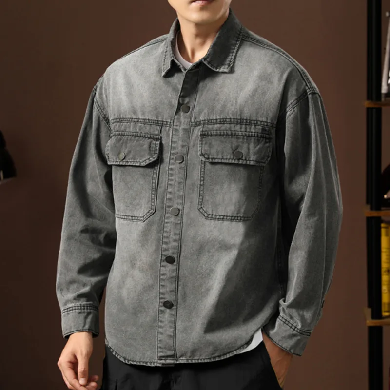 

Мужская винтажная рабочая рубашка из стираного хлопка, повседневная уличная одежда, дышащая джинсовая рубашка свободного покроя, куртка с несколькими карманами