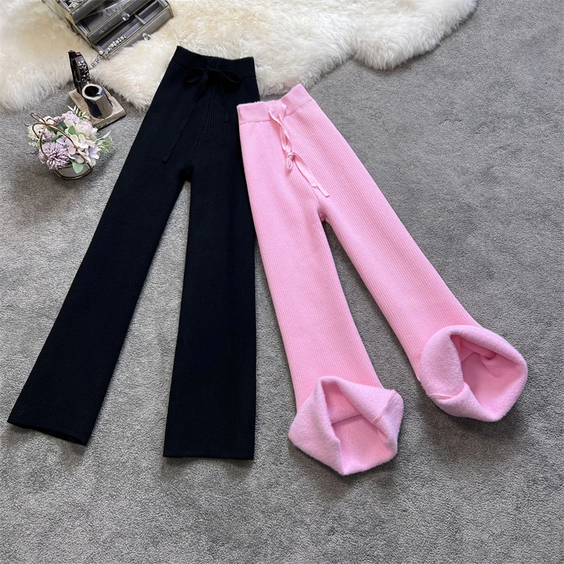 

Women Thicken Knitted Velvet Elastic High Waist Wide Legs Pants Fall Winter Loose Pants