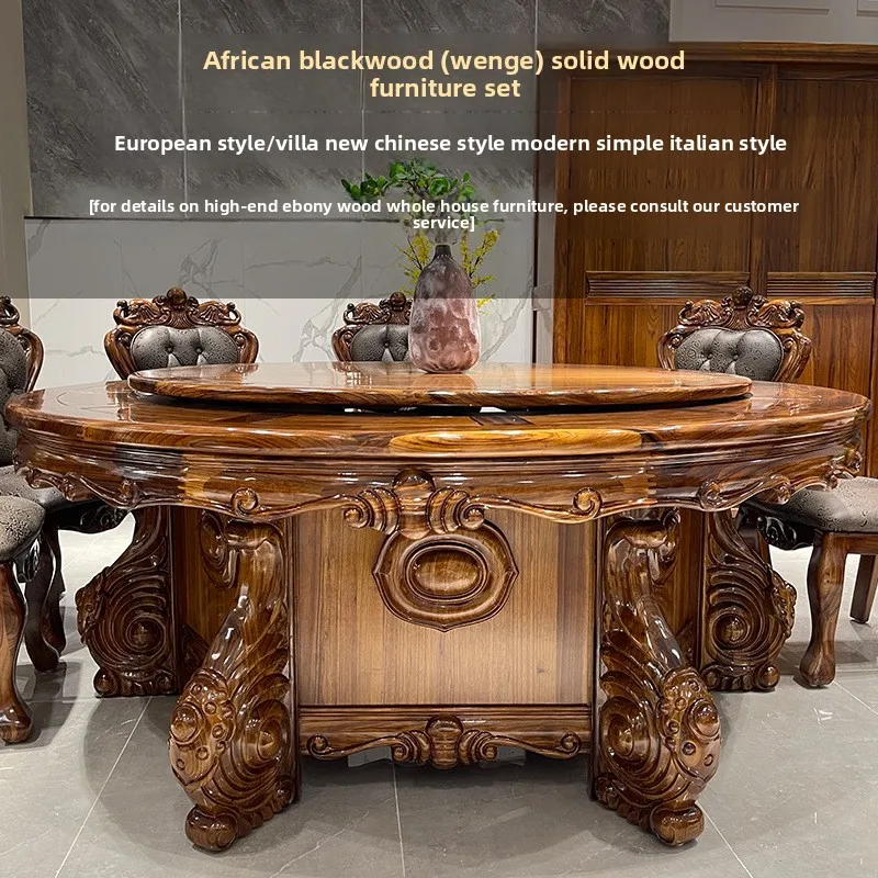 &European-Style Solid Wood Dining Table with Ruyi Carving Electric Rotating Leather Dining Chairs for Dining Room Restaurant Use