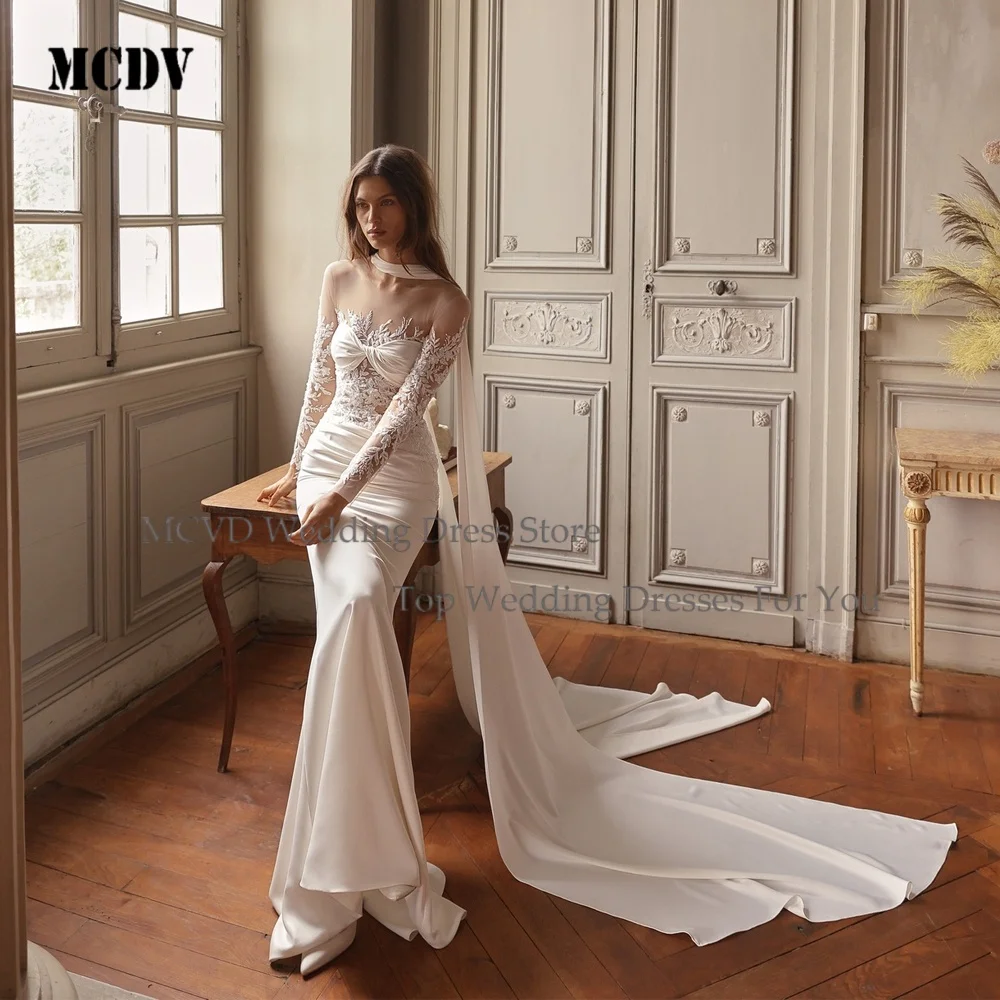 

Elegant Mermaid Wedding Dresses Long Sleeves Illusion Back O-Neck Applique Bridal Goharming A-line Bridal Gown Vestidos De Novia