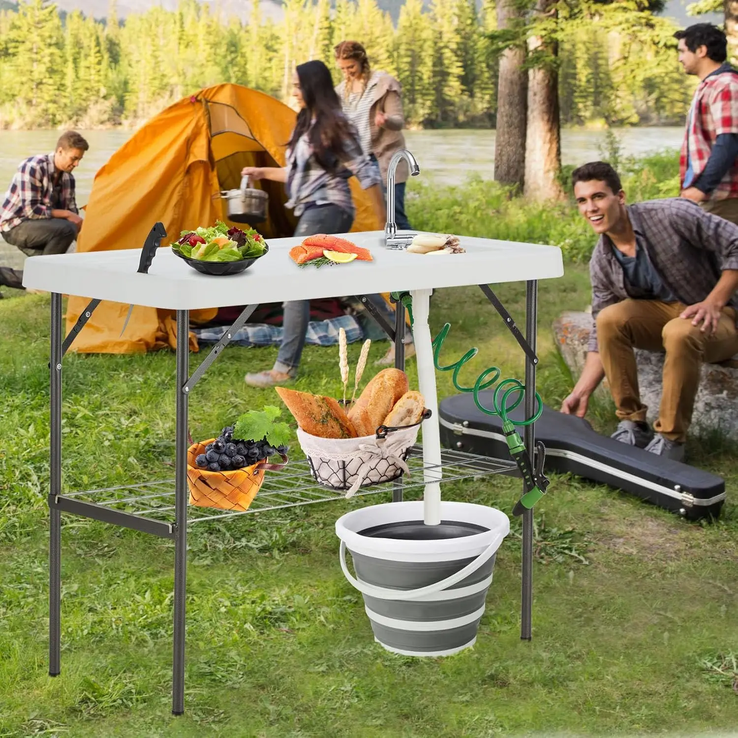 Mesa de limpieza con cubo plegable, estación de filete portátil para exteriores, mesa de fregadero para acampar con grifo, manguera de drenaje y pulverizador,