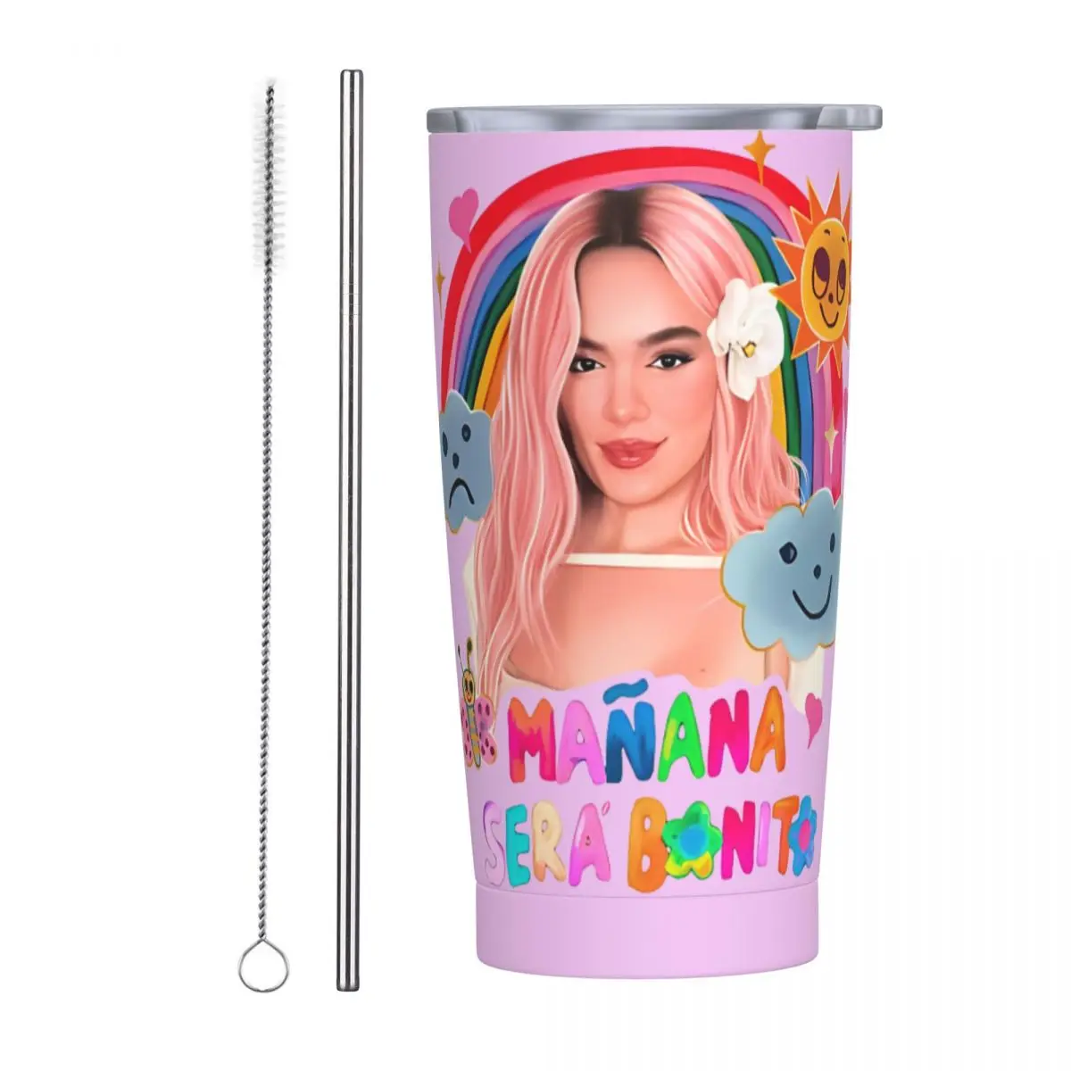 Singer K-Karol G Manana Sera Bonito In The Rainbow Tumbler Pink Hair Cold and Hot Water Bottle Stainless Steel Thermal Car Mugs