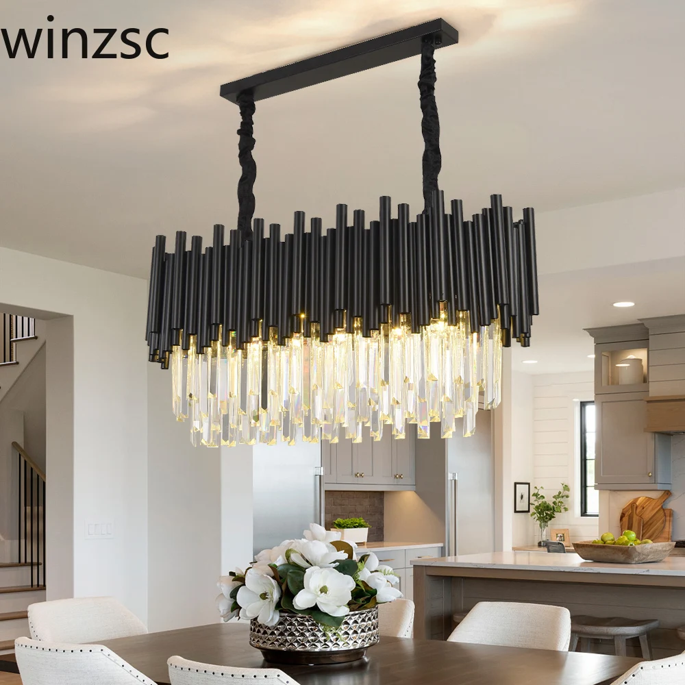 

Modern Black Metal Crystal Pendant Lamp Ceiling Lights Chandelier Home Decoration Living Room Lighting Rectangle Kitchen Fixture