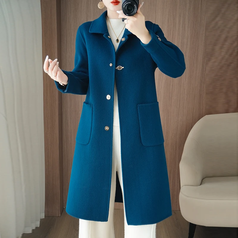 Manteau Long en laine Pure 100% pour femme, ample, Double face, décontracté, grande poche, couleur unie, vêtements pour femmes, automne et hiver