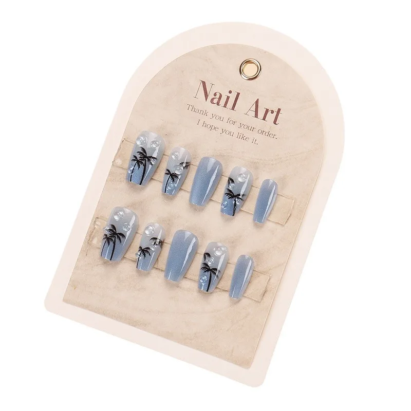 

Wearing nail pads high sense summer island coconut palm handmade nail pads cat eye gradual change fake nails