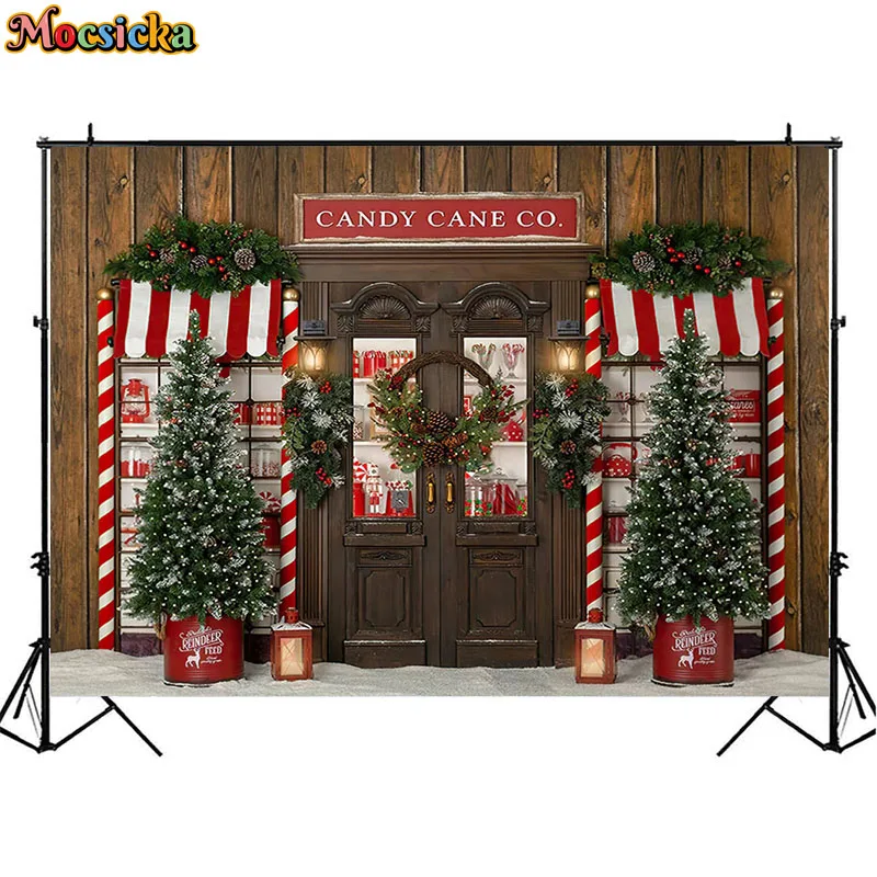 크리스마스 사진 배경 캔디 케인 가게 소박한 나무 겨울 소나무 장식, 어린이 생일 크리스마스 가족 초상화 배경