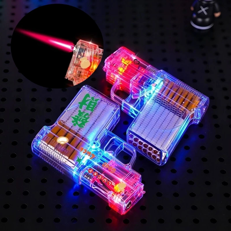 New Transparent Luminous Gun Shaped Cigarette Box with Integrated Lighter Windproof and Cool Colorful Lights Inflatable Lighter
