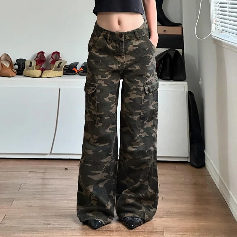 American Vintage Personality Camouflage Cargo Denim Pants Street Spicy Girl Loose Wide Leg Trousers Y2k Punk Casual Cowboy Jeans