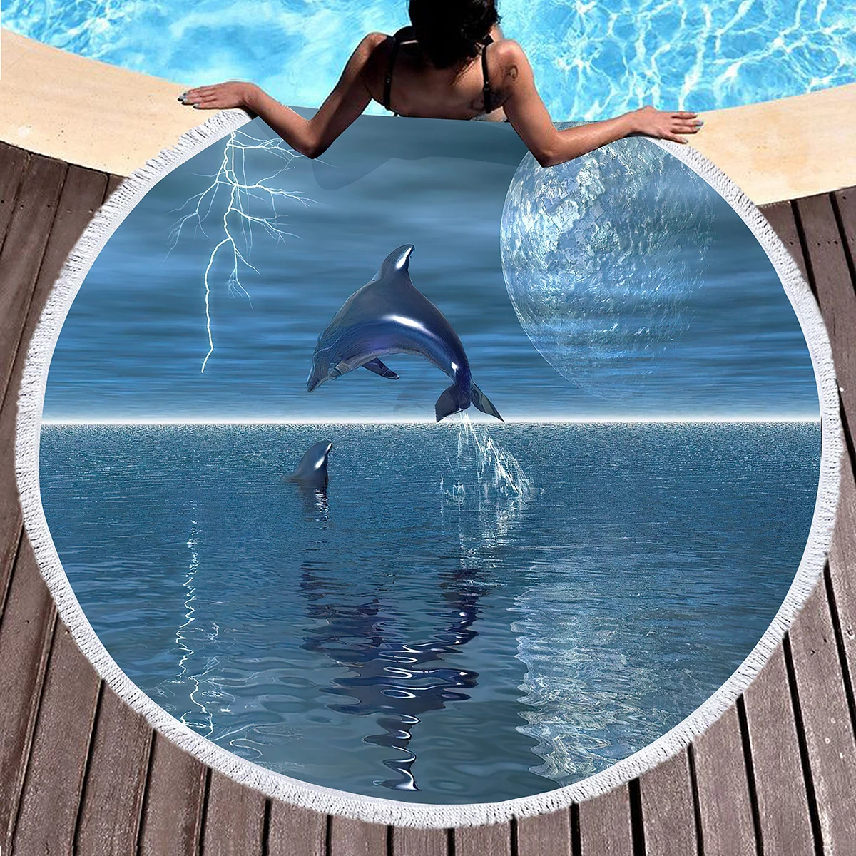 Ocean Animal Dolphin Round Beach Towel with Tassels Microfiber Soft Round Beach Blanket Sand Proof Absorbent Circle Swim Towels