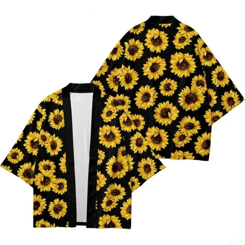 2024 New Sunflower Graphic Print Men's Kimono Japanese Harajuku Style Fashion Cardigan Japan Haori  Traditional Women's Kimonos