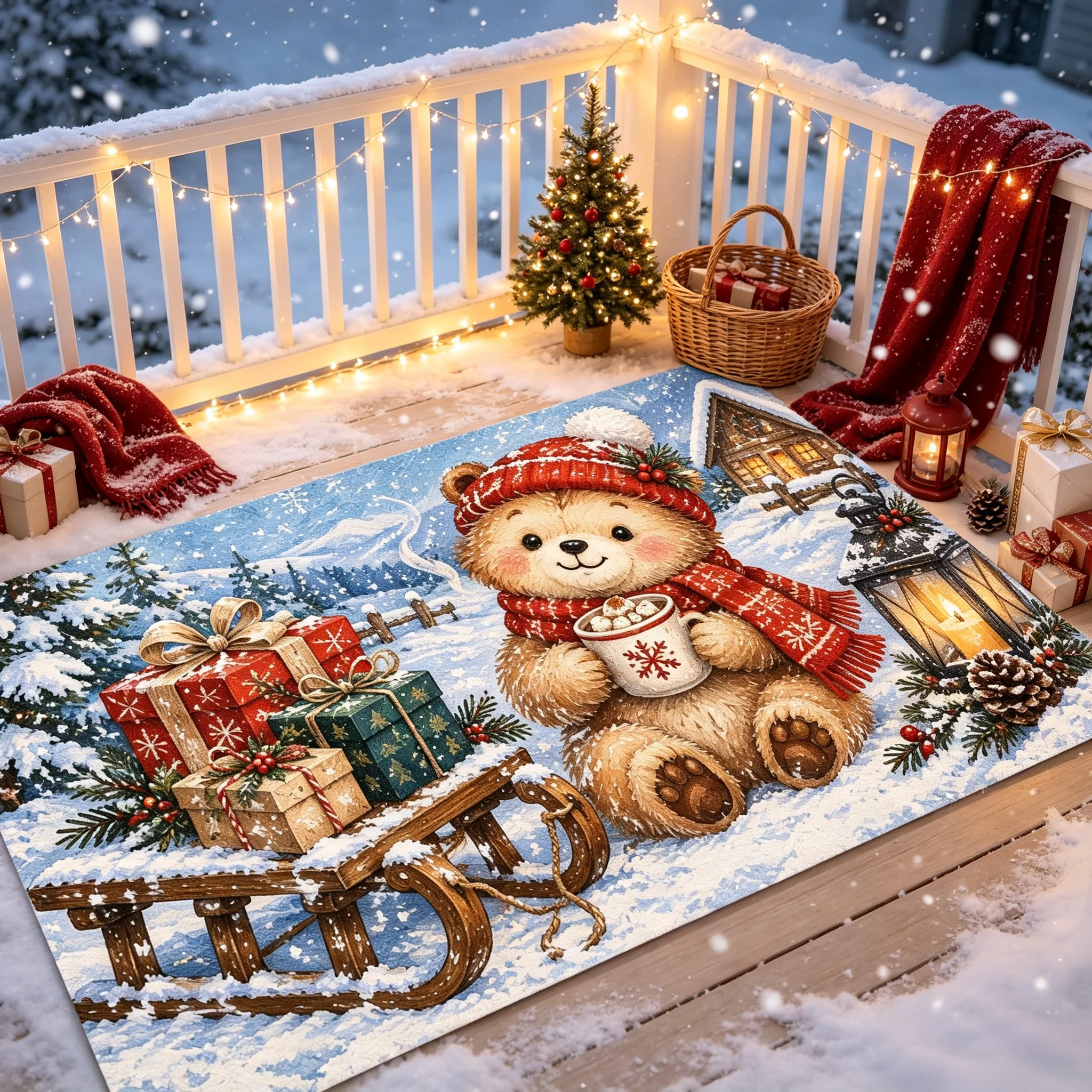 Merry Xmas Teddy Bear Sleigh Kitchen Counter Drying Mat Quick Absorb Dish Pad For Winter Table Home Gift