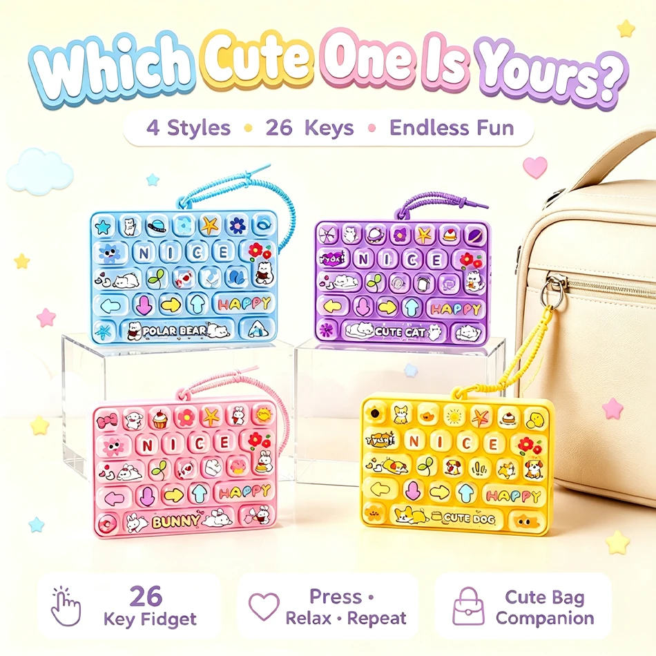 Kawaii 26 Key Fidget Keycap Clicker Keyboard Toy Cute Cat Dog Bunny Pastel Candy Stress Relief Bag Pendant Decoration Charm Gift