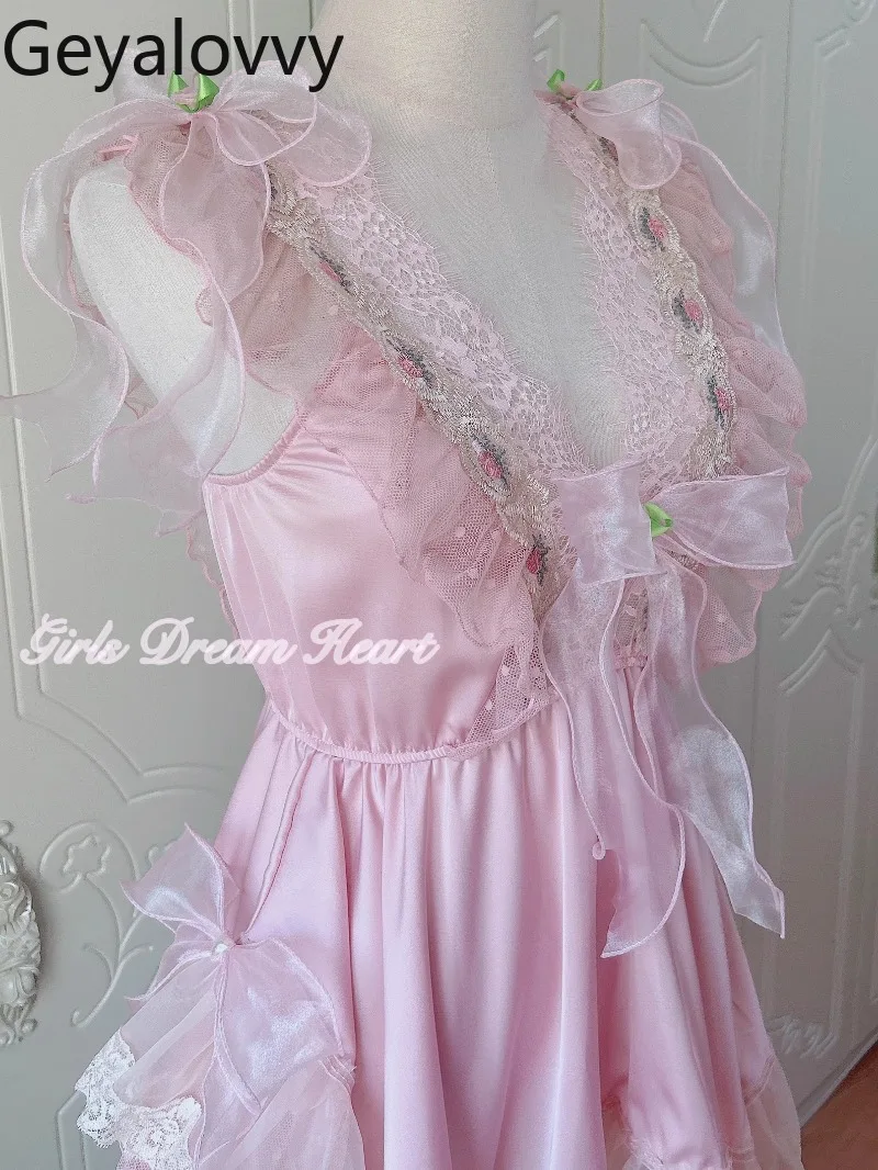 Feito à mão retro tribunal estilo bordado renda malha arco vestidos verão doce meninas cintura alta cetim com decote em v suspender vestido curto