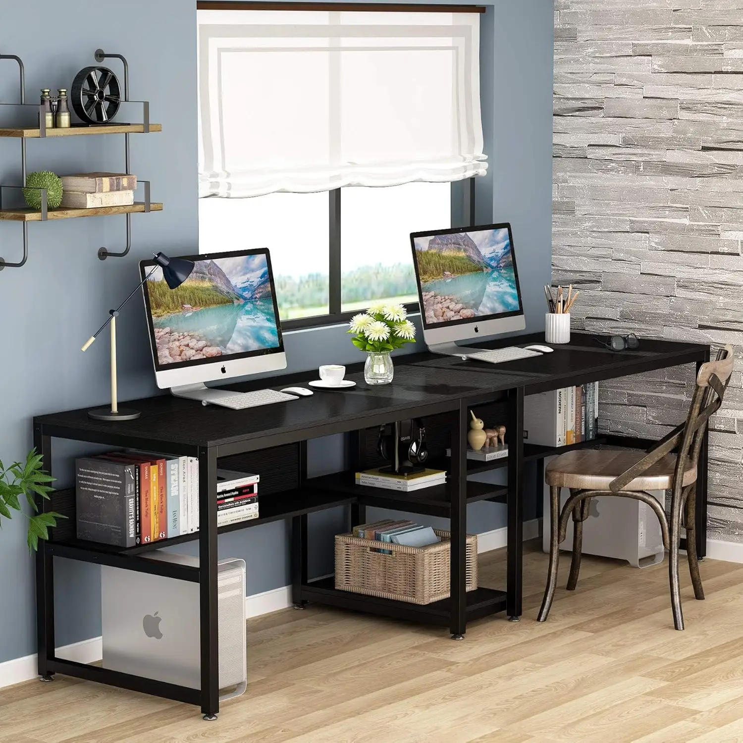 Two Person Desk with Bookshelf, 78.7 Computer Office Double Desk for Two Person, Rustic Writing Desk Workstation with Shelf for