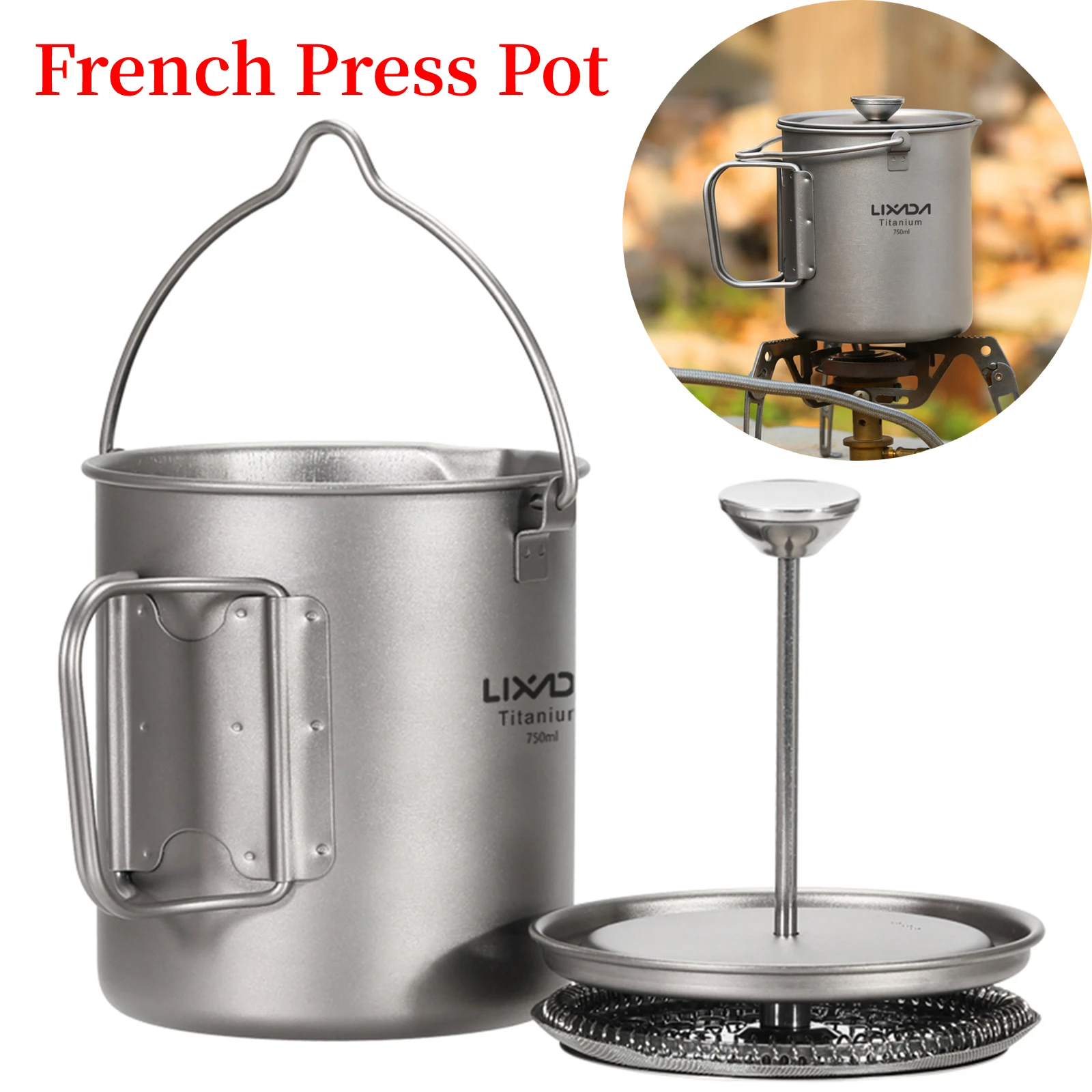 

Lixada 750ml Titanium Coffee Cup Mug French Press Pot Coffee Maker with Lid Outdoor Camping Cooking Pot Camping mug