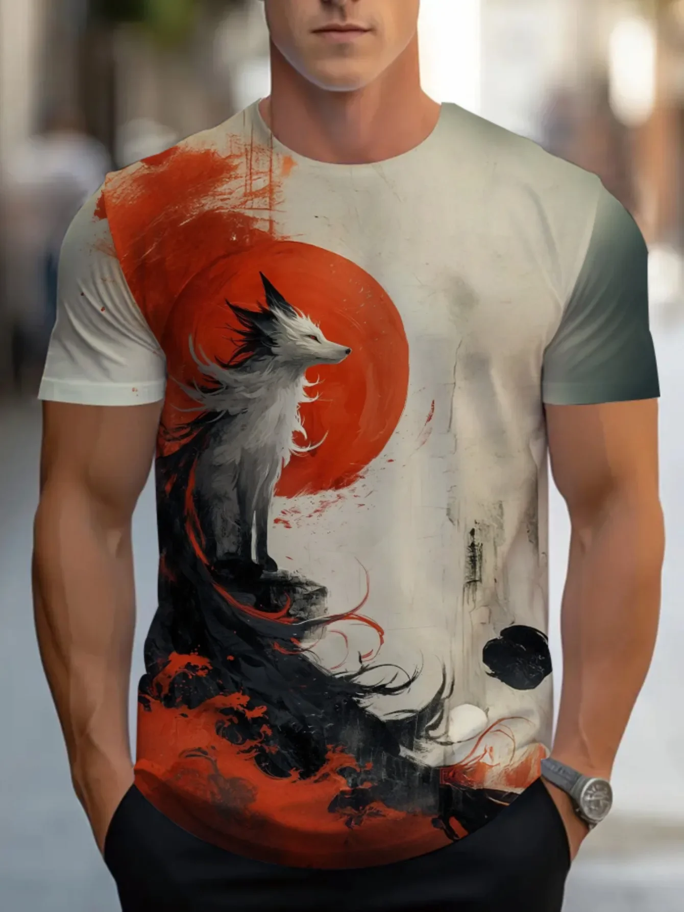 Retro Men's Japanese Style Nine‑Tailed Fox Red Sun Ink Painting Print T‑Shirt Casual Crew Neck Short Sleeve Fashion Street Tops