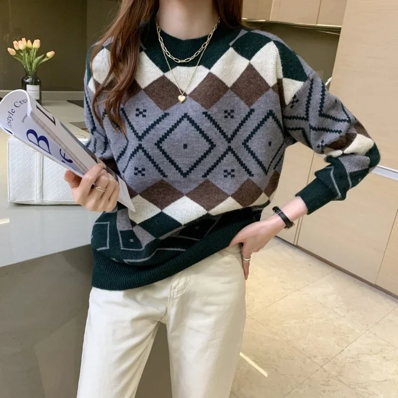Roter Argyle Strick pullover Frauen O-Ausschnitt lose lässige Pullover Herbst Winter Mode warme Langarm Freizeit Strick pullover